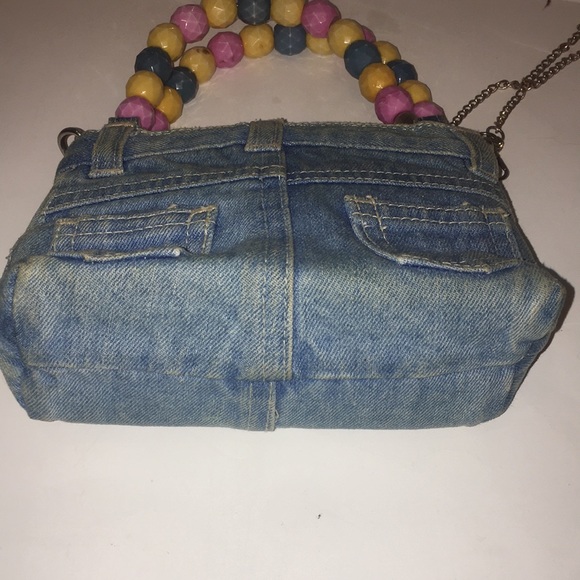 Preowned denim purse with beaded handles and peace patches. - Picture 5 of 7